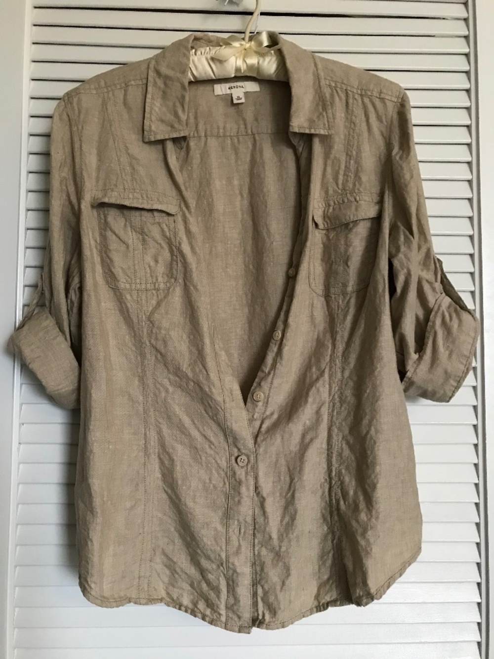 Merona XL Tan Safari Linen slubbed roll sleeve button front shirt with pockets